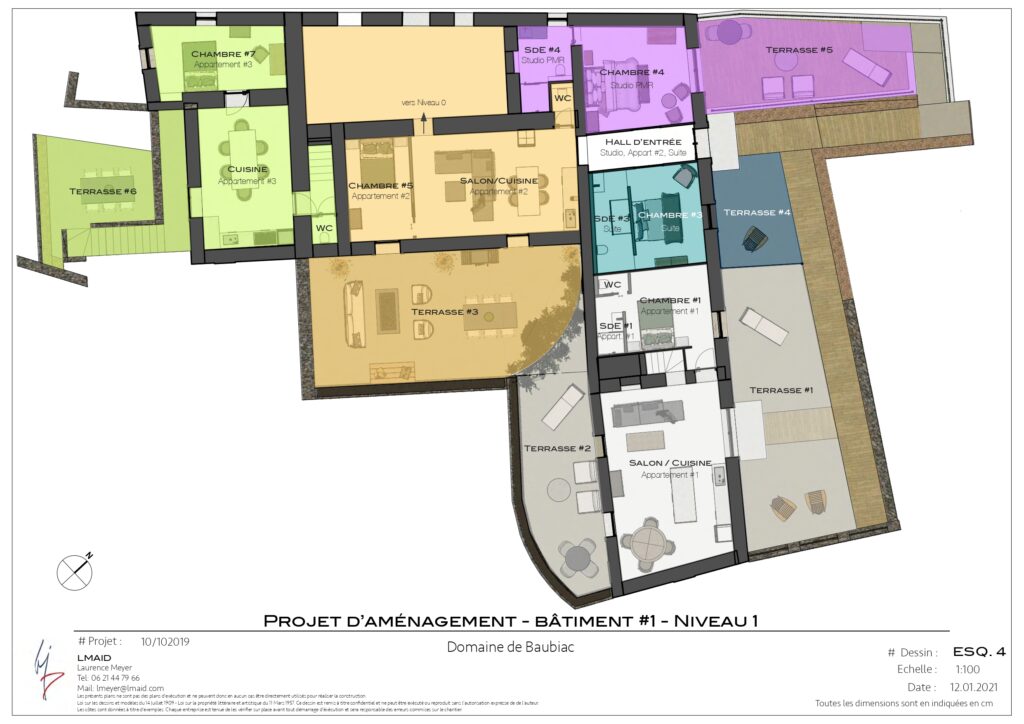 Plan d'aménagement trois gîtes niveau 1 Domaine Baubiac Hérault