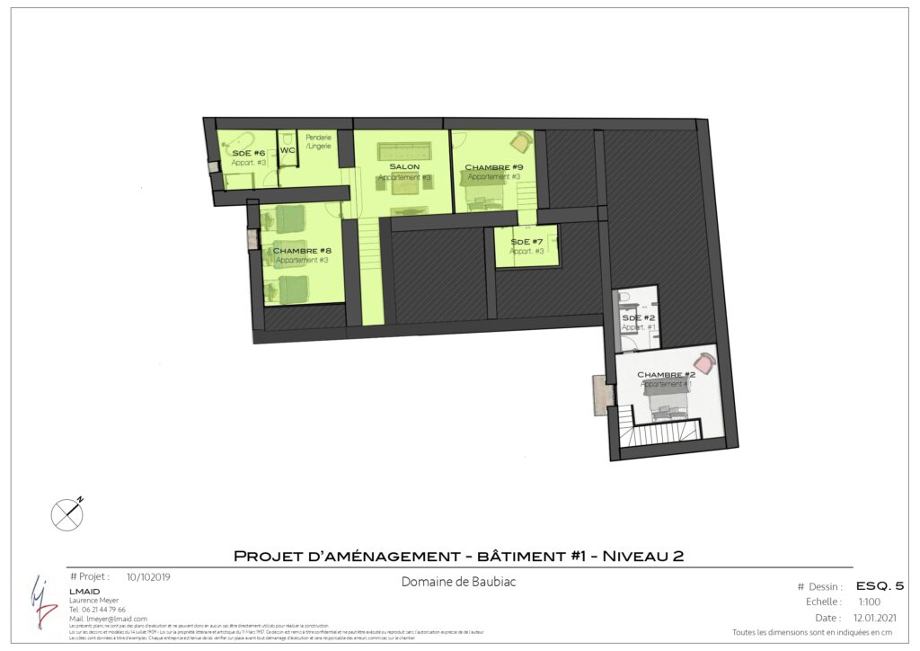 Plan d'aménagement trois gîtes niveau 2 Domaine Baubiac Hérault